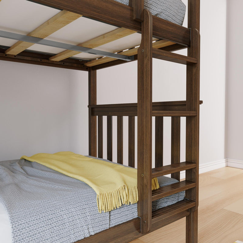 Solid dark-wood bunk bed ladder and guardrail with grey knit bedding and yellow throw on lower mattress — space-saving loft bed for kids