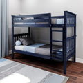Modern navy blue wooden twin-over-twin bunk bed with ladder, gray and blue bedding in a children's bedroom on hardwood floors with light blue curtains and area rug — space-saving bunk bed for small rooms