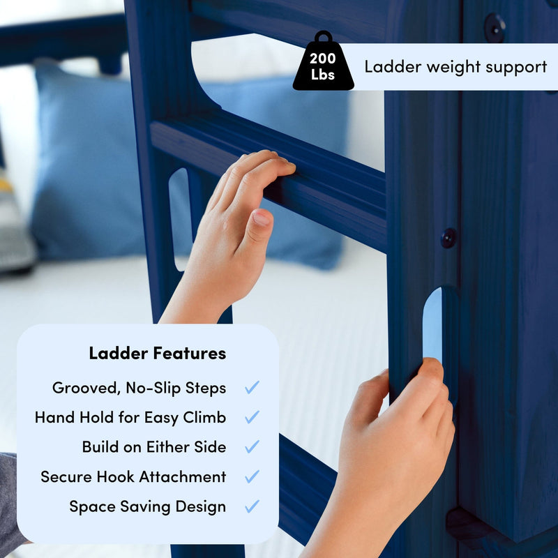 Blue bunk bed ladder close-up with hands gripping grooved no-slip steps and hand-holds, secure hook attachment, 200 lb weight support, space-saving design