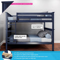 Navy blue twin-over-twin bunk bed loft with solid New Zealand pine frame, full guardrails, non-slip grooved ladder, countersunk color-matched hardware, and 31 1/4 in. headroom with a 5 in. mattress