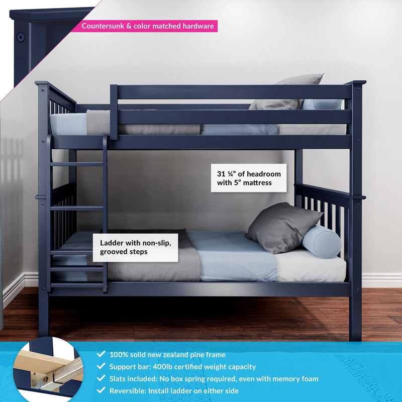 Navy blue twin-over-twin bunk bed loft with solid New Zealand pine frame, full guardrails, non-slip grooved ladder, countersunk color-matched hardware, and 31 1/4 in. headroom with a 5 in. mattress