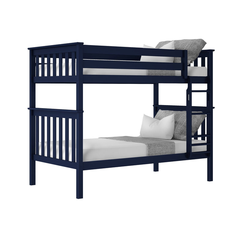 Navy blue twin-over-twin wooden bunk bed with ladder, slatted guardrails, white pillows and gray throw