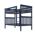 Navy blue wooden twin-over-twin bunk bed frame with ladder, guardrails, slatted headboards and wooden slats, modern kids loft bedroom furniture