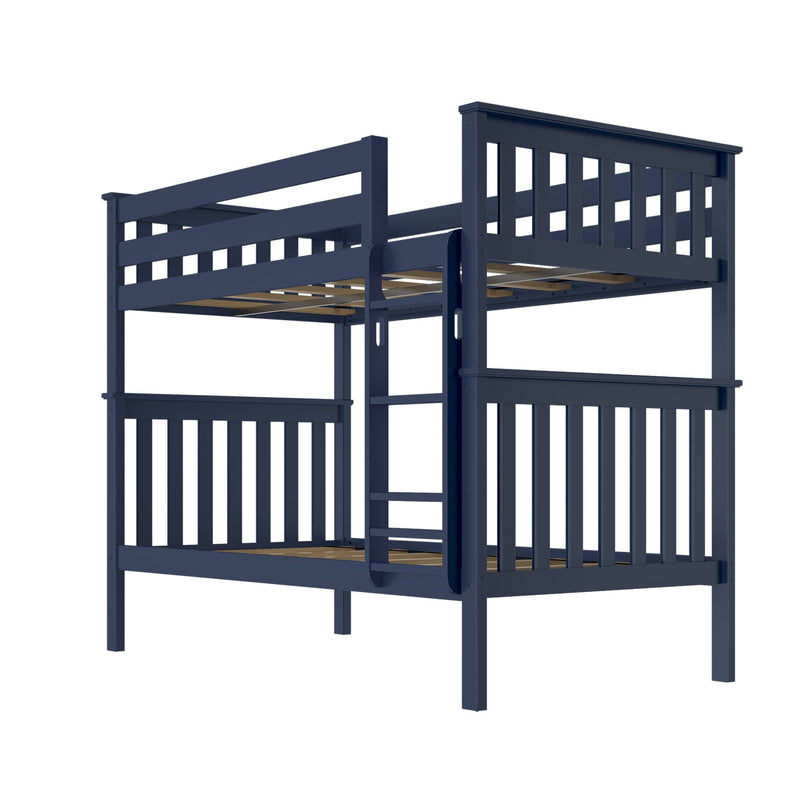 Navy blue wooden twin-over-twin bunk bed frame with ladder, guardrails, slatted headboards and wooden slats, modern kids loft bedroom furniture
