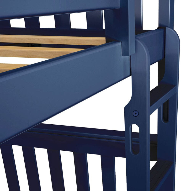 Close-up of navy blue wooden bunk bed ladder and guardrail with natural wood slats, sturdy modern children's bunk bed design