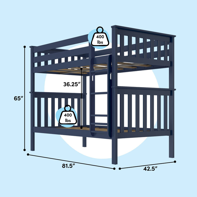 Dark navy twin-over-twin loft bunk bed with ladder and slatted guardrails, 400 lb weight capacity, dimensions 81.5 in L x 42.5 in W x 65 in H, space-saving kids' bedroom bed