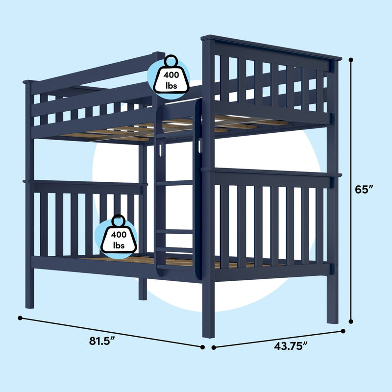 Navy blue wooden twin loft bed with ladder and guardrails, slatted frame, 65-inch height, 81.5-inch L x 43.75-inch W, 400 lb capacity, space-saving design