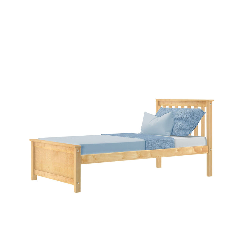 Wooden single bed frame with blue bedding and pillows.