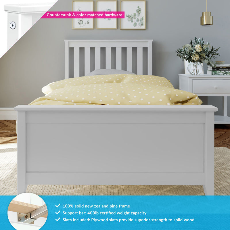 White wooden bed frame with yellow polka dot bedding in a stylish bedroom featuring framed artwork and a nightstand with flowers.