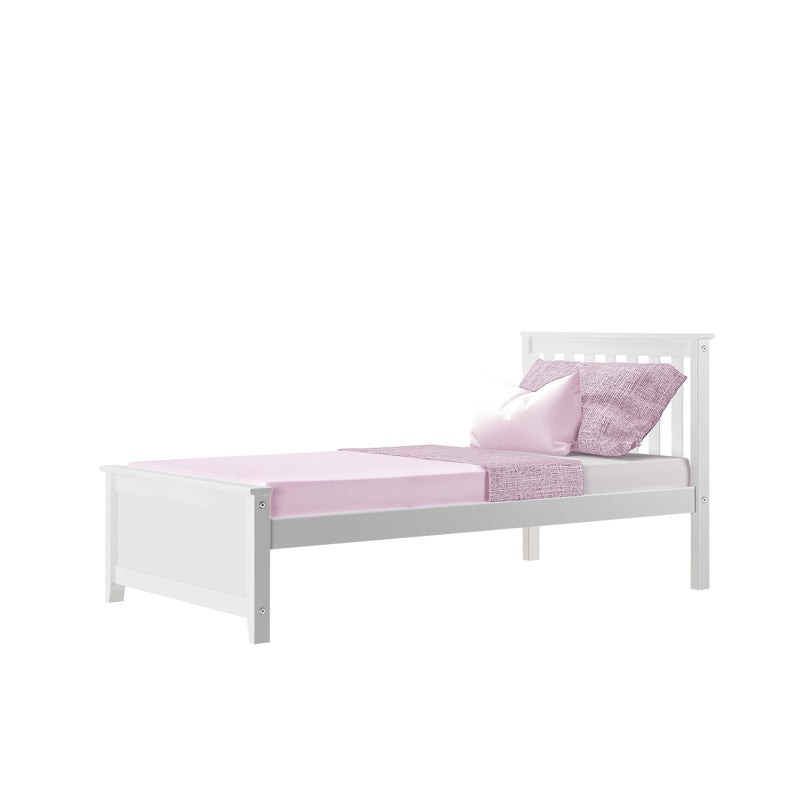 White wooden single bed frame with pink bedding and pillows.