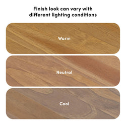 Wood finish variations under different lighting conditions labeled warm, neutral, and cool.