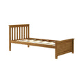 Natural wood platform bed frame with vertical slatted headboard and low footboard, solid wood slat support, minimalist farmhouse bedroom furniture