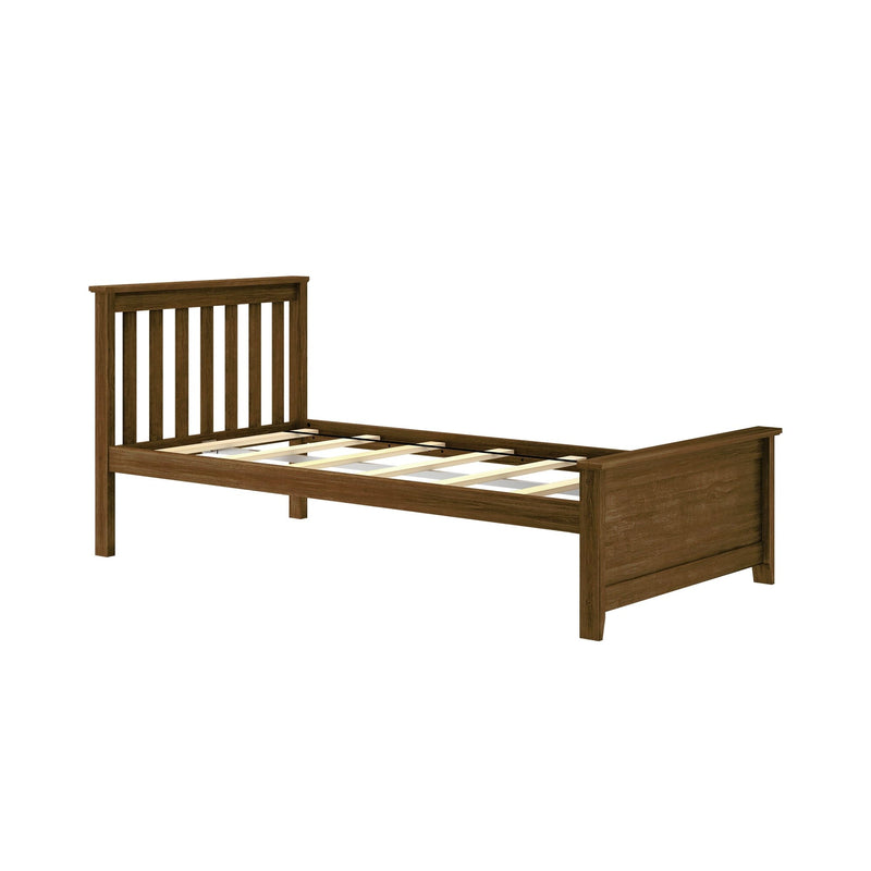 Rustic brown solid wood twin platform bed frame with slatted headboard and footboard and wooden slat mattress support