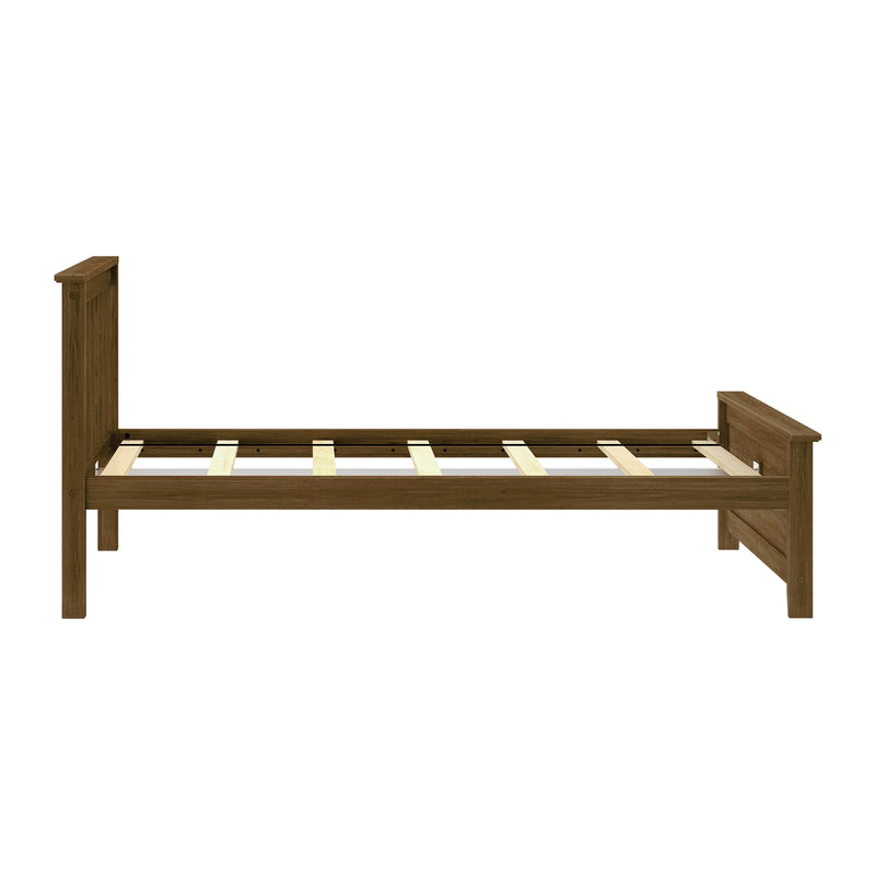 Wooden bed frame with slatted base in oak finish, ideal for modern bedroom furniture setup.