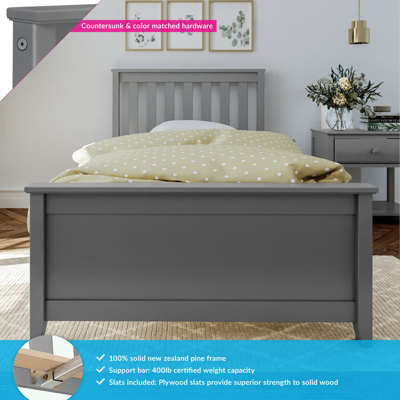 Gray wooden bed with 100% solid New Zealand pine frame and plywood slats, featuring countersunk and color-matched hardware, set in a stylish bedroom with modern decor.