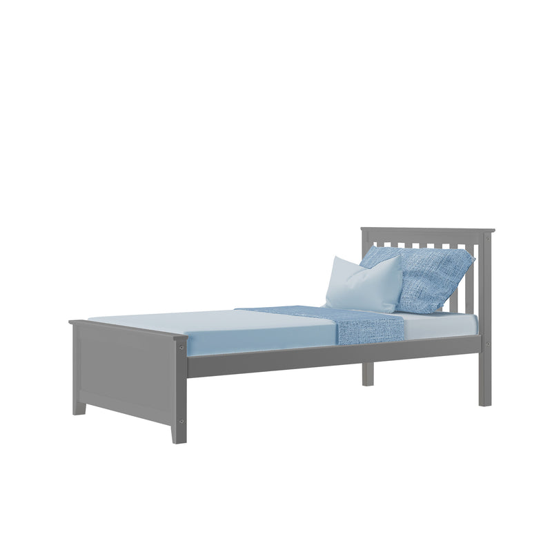 Gray wooden single bed with blue mattress and pillows.