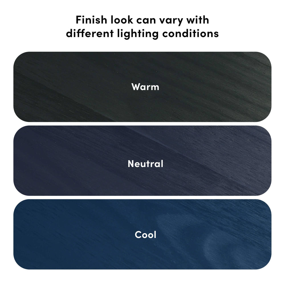 Color variations in wood finish under different lighting conditions: warm, neutral, cool.