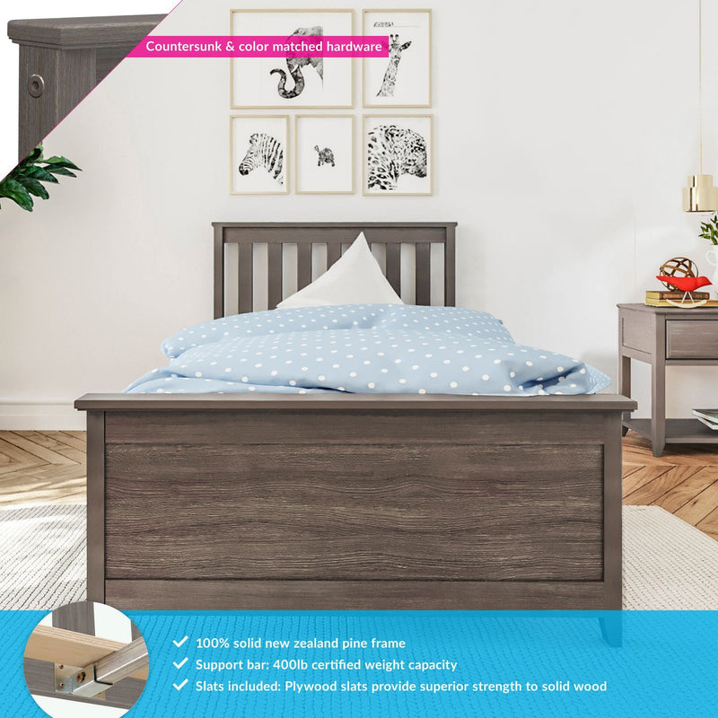 Gray solid New Zealand pine twin bed frame with slatted headboard and footboard in modern bedroom, blue polka-dot duvet, matching nightstand, plywood slats and 400 lb support bar