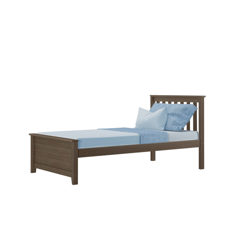 Wooden twin bed frame with light blue bedding and pillows.