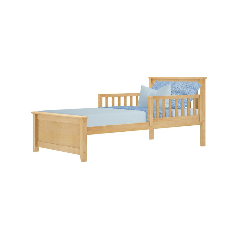 Natural wood single bed with blue bedding and pillows.