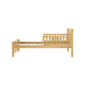 Solid oak twin platform bed frame with slatted headboard and footboard, exposed wooden slats and sturdy rails in natural finish