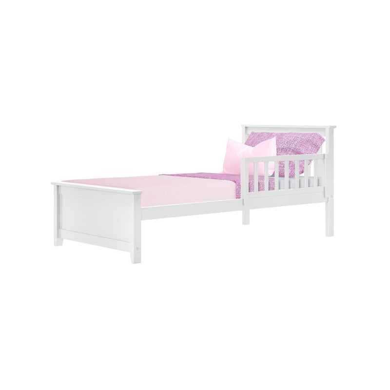 White wooden toddler bed with pink bedding and slatted safety side rail, single kids bed for nursery