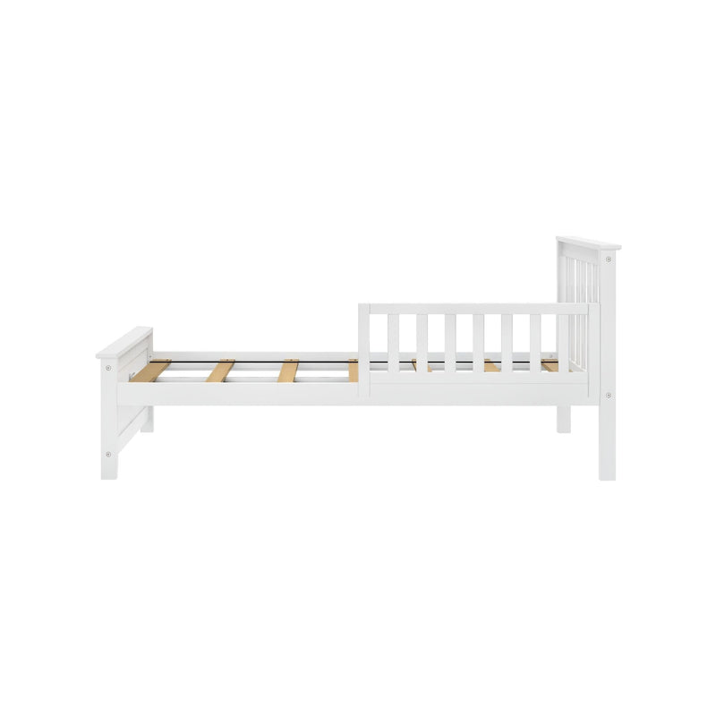 White wooden toddler bed frame with slatted base and partial safety rail, modern children's single bed side view