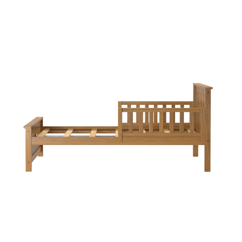 Natural oak wooden twin bed frame with slatted platform and vertical-slat headboard, farmhouse style