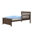 Dark walnut wooden twin bed frame with slatted headboard and blue polka-dot bedding