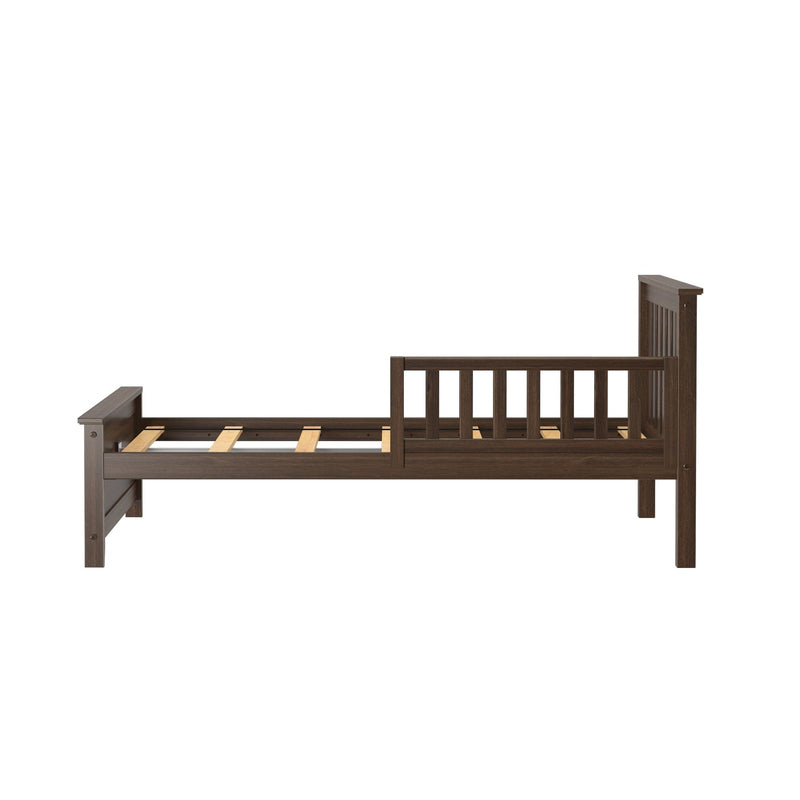 Wooden twin bed frame with guard rails, ideal for kids' rooms and guest spaces.