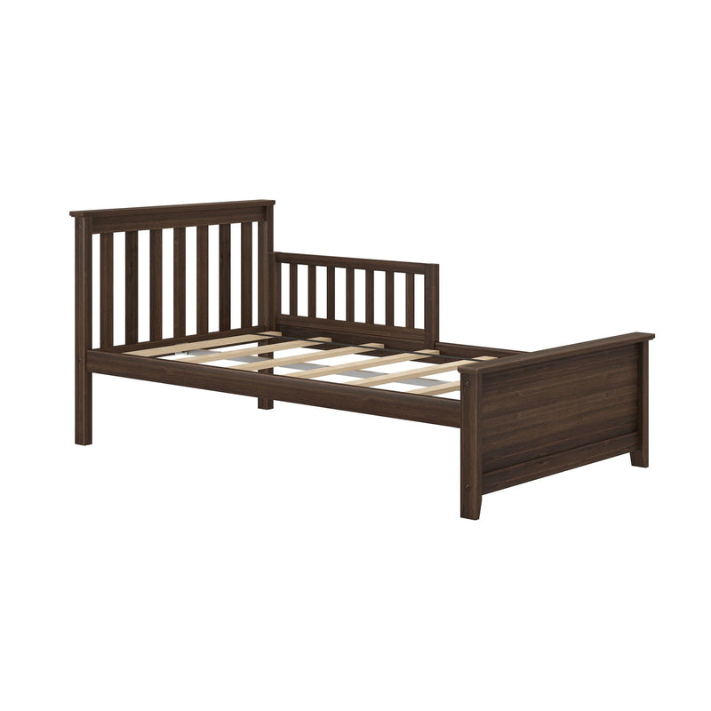 Dark wood toddler bed frame with side rails and slatted headboard.