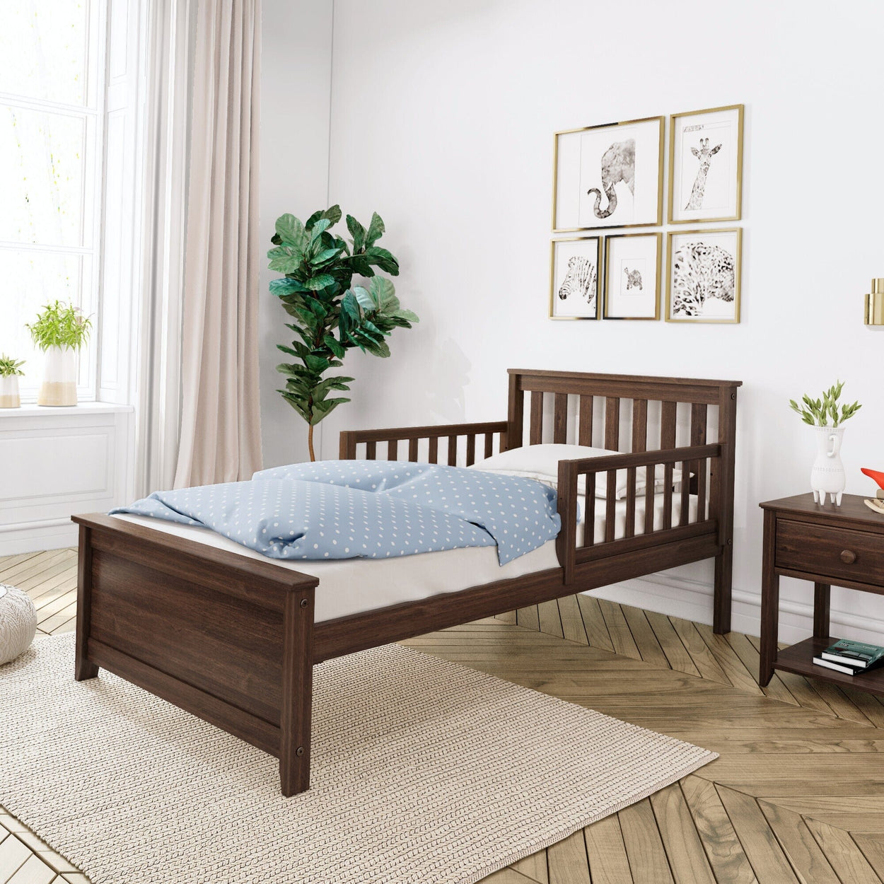 180210008209 : Kids Beds Twin Bed with Two Guard Rails, Walnut