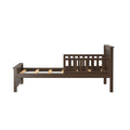 Dark brown wooden toddler bed frame with safety guard rail and slatted base, twin-size kids bed in espresso finish