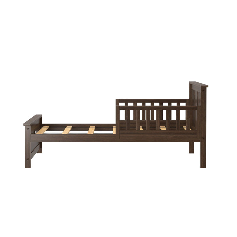 Dark brown wooden toddler bed frame with safety guard rail and slatted base, twin-size kids bed in espresso finish