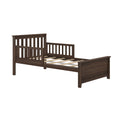 Dark brown wooden toddler bed frame with safety guardrail, slatted headboard and footboard, twin-size nursery bed