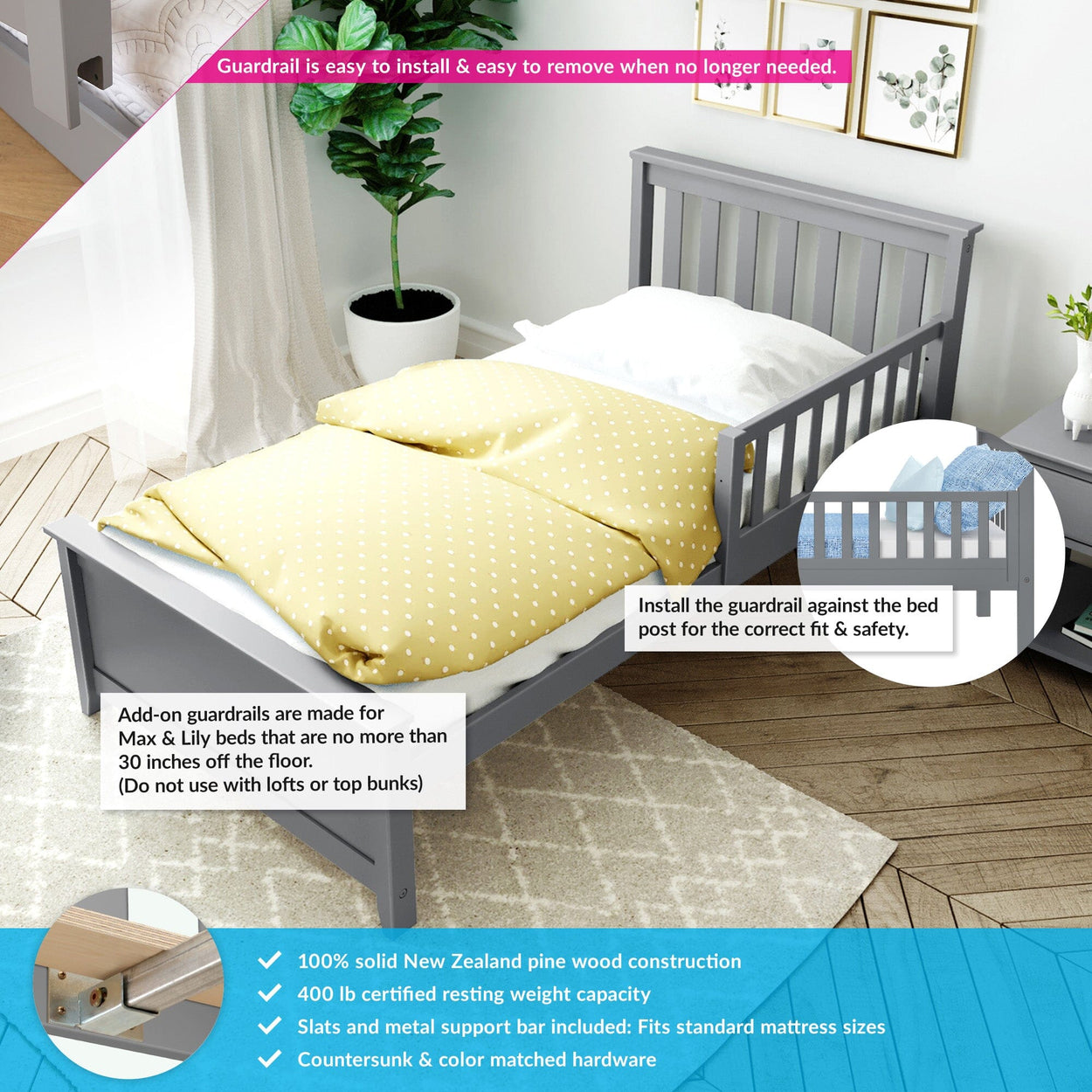 180210121109 : Kids Beds Twin Bed with Single Guard Rail, Grey