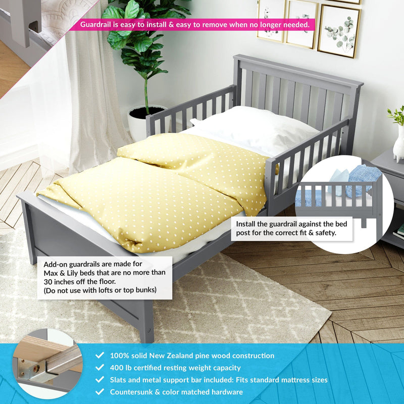 Gray toddler bed with safety guardrail, yellow polka dot bedding, New Zealand pine construction; features easy-install guardrail, 400 lb weight capacity, and fits standard mattress sizes.