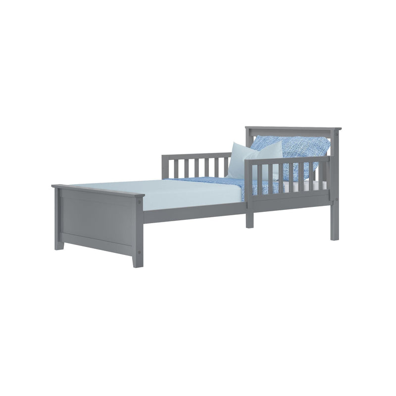 Gray wooden single bed with headboard and footboard, featuring light blue and patterned bedding.