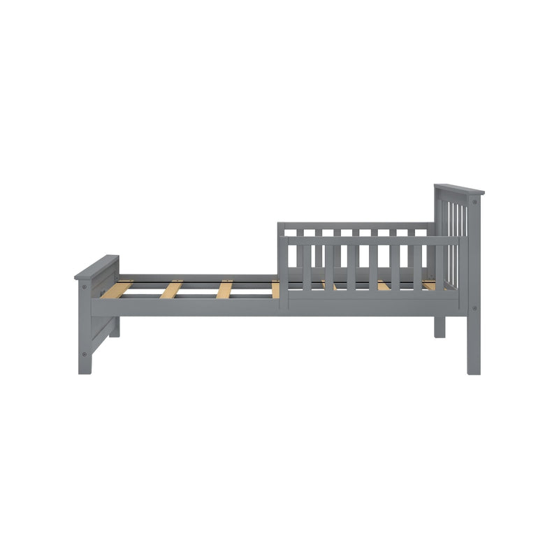 Gray wooden toddler bed frame with safety rails for kids.