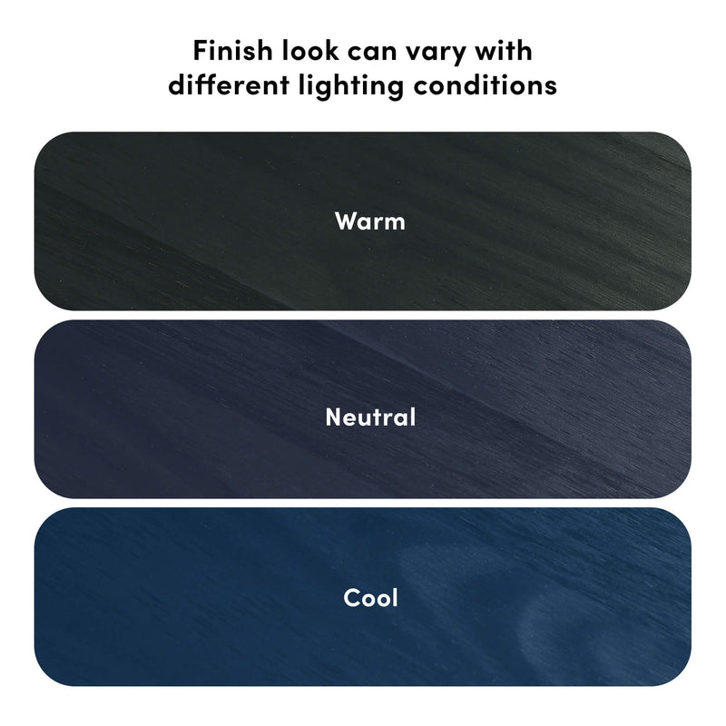 Comparison of finish tones shows warm, neutral, and cool variations under different lighting conditions.