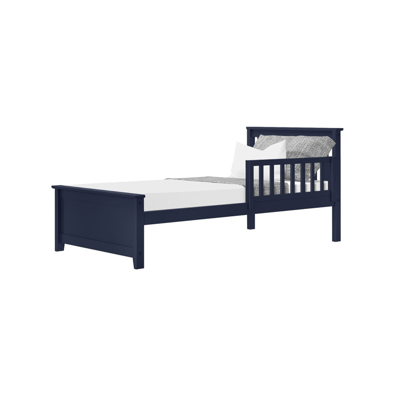 Navy blue wooden twin bed with white bedding and decorative pillows.