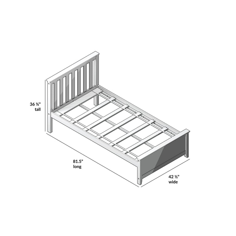 Single wooden bed frame with slatted base, dimensions 81.5 inches long, 42.5 inches wide, and 36.75 inches tall.