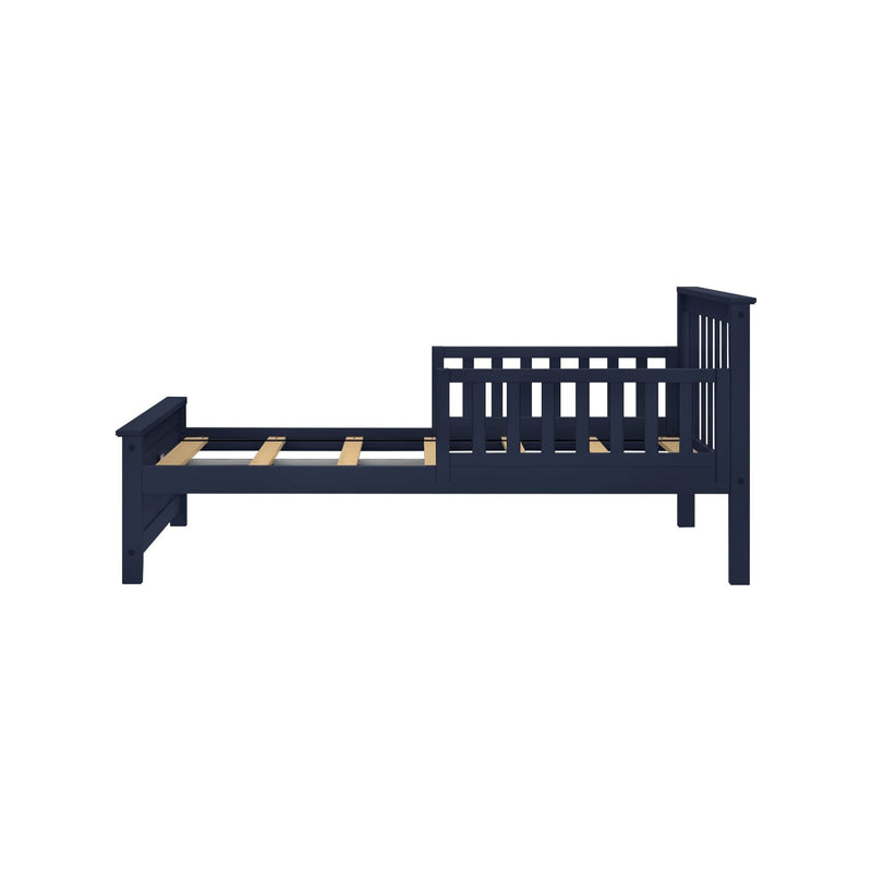 Wooden toddler bed frame in dark blue with a side safety rail.