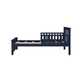 Navy blue wooden toddler bed frame with slatted mattress support and built-in safety rail, twin-size kids' nursery bed