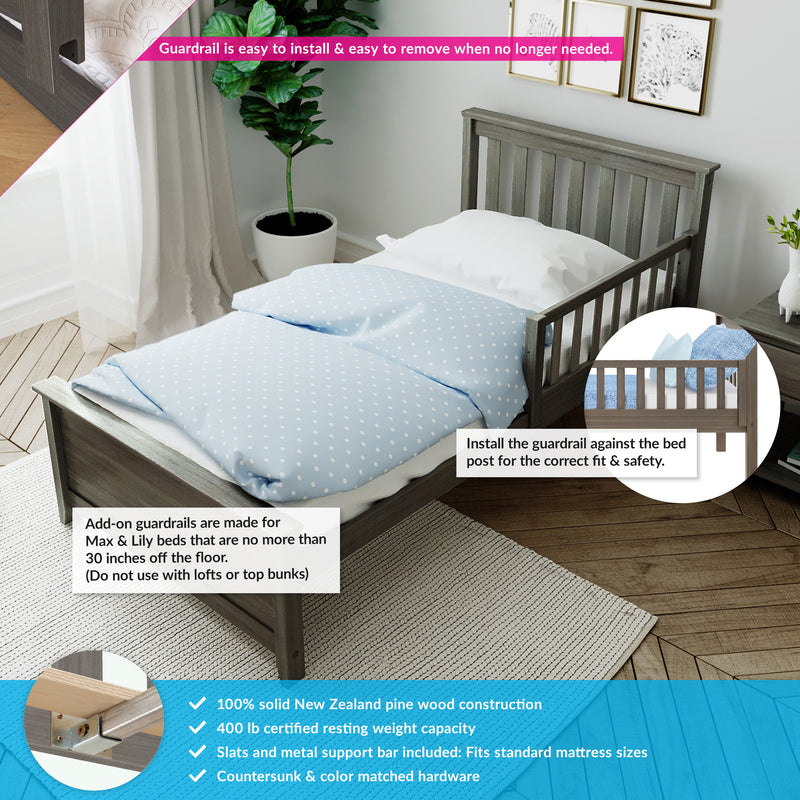 Wooden toddler bed with blue polka dot bedding, featuring easy-to-install guardrails for safety and made from solid New Zealand pine wood.