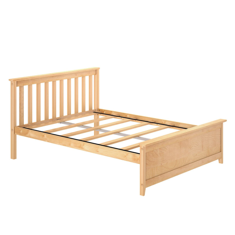 Natural wooden bed frame with slatted design on white background.