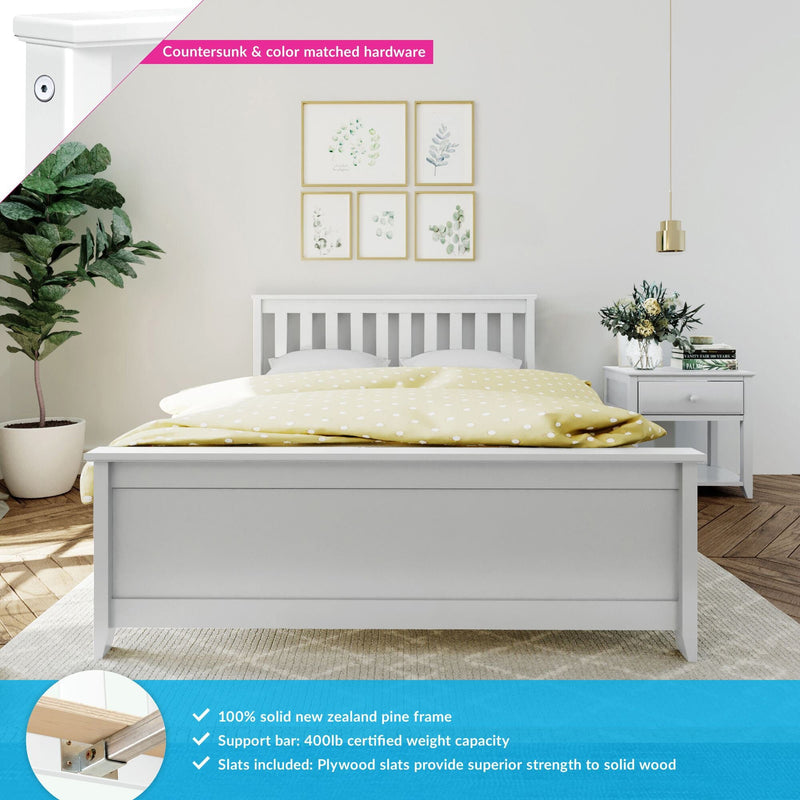 White wooden bed frame in a modern bedroom with decorative art and nightstand, made from solid New Zealand pine with 400lb support and plywood slats.