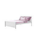White wooden twin bed frame with pink bedding set, textured mauve pillow shams and blush accent pillow for modern kids' bedroom decor