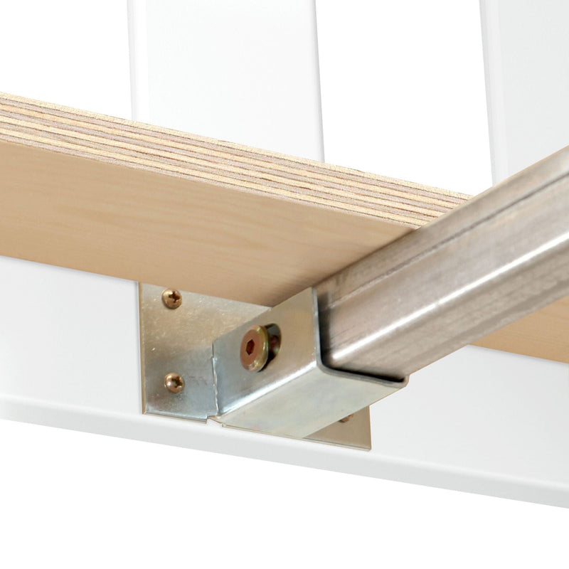 Close-up of a metal bracket securing a wooden plank in a shelving unit construction.