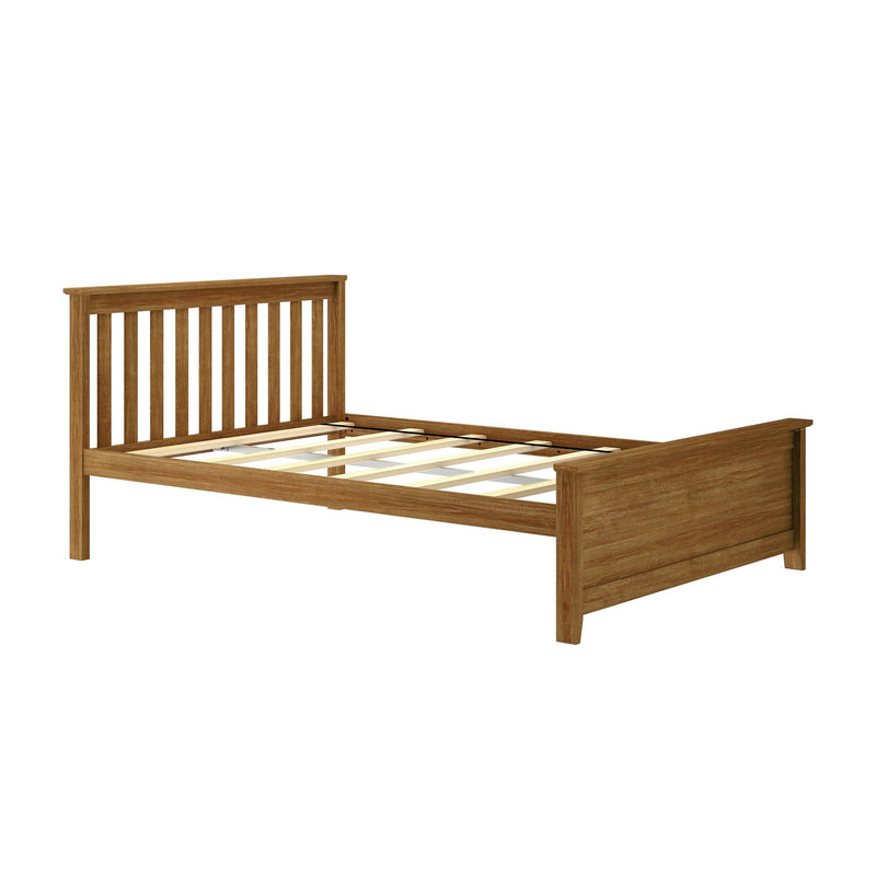 Wooden bed frame with slatted headboard and footboard in brown finish.